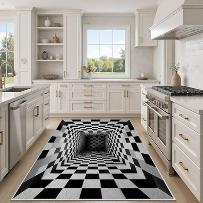 Optical Illusion Rug - Black and White Rug for Living Room, Soft Ultra Soft Faux Wool 4x5 Area Rugs Floor Mats, Non Slip&Non-Shedding Low Pile Checkered Washable Rugs, Abstract Geometric Carpet