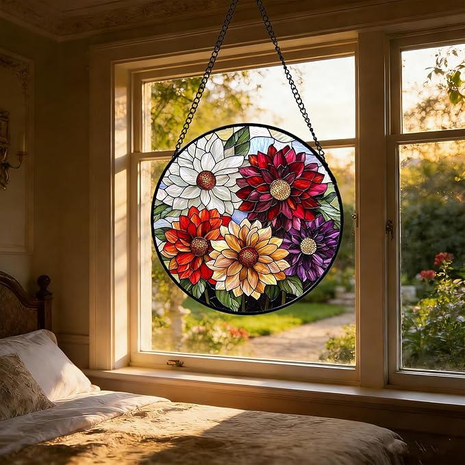 Stained Glass Window Hanging, Colorful Flowers Sun Catcher for Window Door Home Decor Plant Suncatcher Christmas Mother's Day Birthday Gifts for Women Men Mom and Nana 15 in
