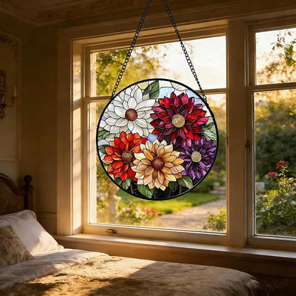 Stained Glass Window Hanging, Colorful Flowers Sun Catcher for Window Door Home Decor Plant Suncatcher Christmas Mother's Day Birthday Gifts for Women Men Mom and Nana 15 in