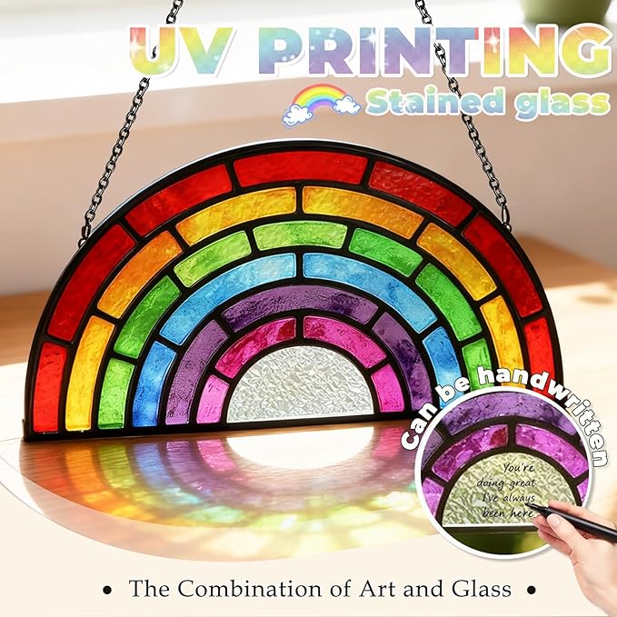 Stained Glass Window Hanging, Rainbow Suncatcher Valentines Day Gifts for Friend Women and Men, Rainbow Glass Hanging Ornaments, Ideal Gifts
