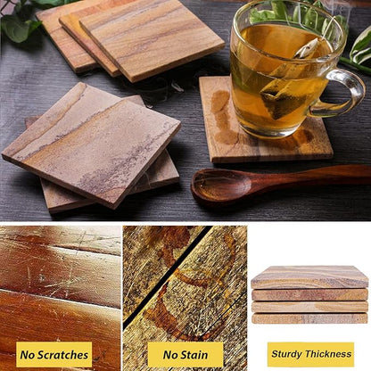 Sandstone Water Absorbent Hand Crafted Square Coasters for Drinks - 4 Inches Wide Thirsty Stone Bar/Drink Coasters- Made from Rainbow Sandstone (Set of 4 Without Holder)
