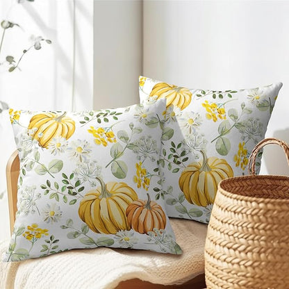 Pumpkin Fall Pillow Covers 18x18 Set of 2 Yellow Saga Green Leaf Autumn Floral Thanksgiving Pillow Cases Outdoor Decorative Holiday Cushion Cover Rustic Decoration Farmhouse Home Sofa Couch Bed Decor