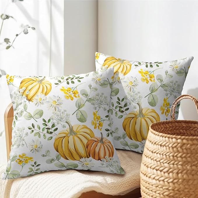 Pumpkin Fall Pillow Covers 20x20 Set of 2 Yellow Saga Green Leaf Autumn Floral Thanksgiving Pillow Cases Outdoor Decorative Holiday Cushion Cover Rustic Decoration Farmhouse Home Sofa Couch Bed Decor