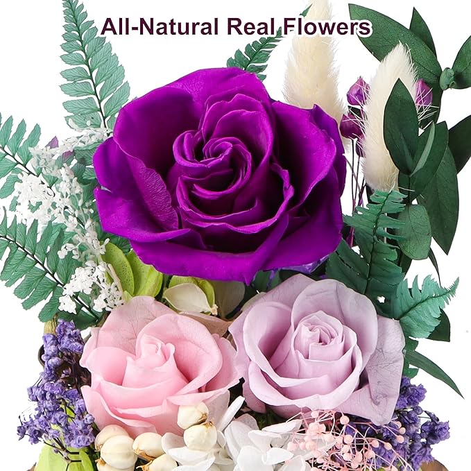 Preserved Flowers in Glass Dome, Forever Flower, Eternal Flowers, Birthday Gifts for Women, Gifts for Mom Girlfriend Her Friendship, Home Decor Living Room Bedroom (Mauve)