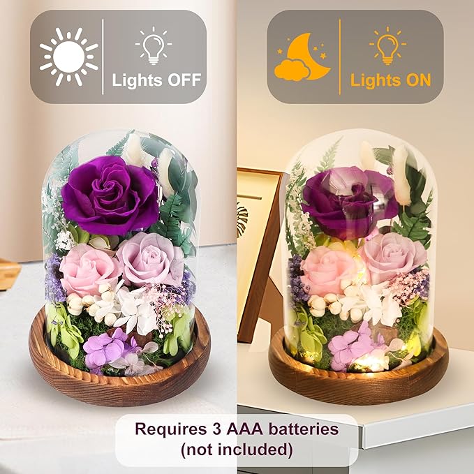 Preserved Flowers in Glass Dome, Forever Flower, Eternal Flowers, Birthday Gifts for Women, Gifts for Mom Girlfriend Her Friendship, Home Decor Living Room Bedroom (Mauve)