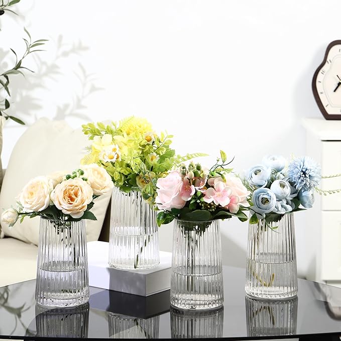 Clear Glass Vases Set of 4, Small Vases for Flowers, Flower Vase for Bouquet, Modern Ribbed Glass Vase for Living Room, Bedroom, Dining Table, Office, Wedding, Centerpieces