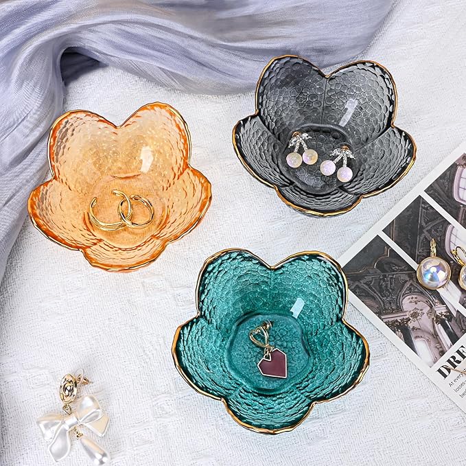 Koythin 2-Piece Glass Jewelry Tray, Small Trinket Holder for Necklace Bracelet Earring, Ring Holder for Bathroom, Aesthetic Trinket Dish, Flower Nightstand Decor for Girl Mom Women (Grey)