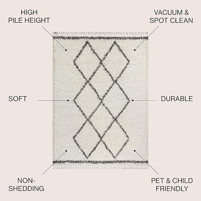 JONATHAN Y Mercer Shag Plush Tassel Cream/Gray Indoor Area Rug, 3x5, Moroccan Geometric Trellis, Bohemian, Easy-Cleaning for Living Room, Bedroom, Kitchen, Pet Friendly, Non-Shedding (MCR103B-3)