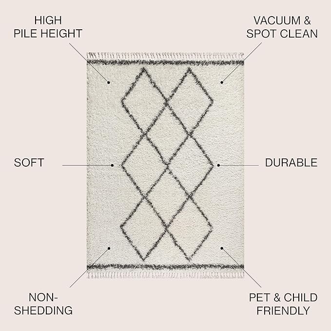 JONATHAN Y Mercer Shag Plush Tassel Cream/Gray Indoor Area Rug, 5x8, Moroccan Geometric Trellis, Bohemian, Easy-Cleaning for Living Room, Bedroom, Kitchen, Pet Friendly, Non-Shedding (MCR103B-5)