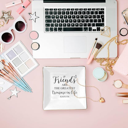 Friends are the Greatest Treasure in Life Custom Ceramic Jewelry Tray with Name, Personalized Ring Dish Holder for Her, Elegant Trinket Tray Friendship Birthday Christmas Gifts for Sister Friends
