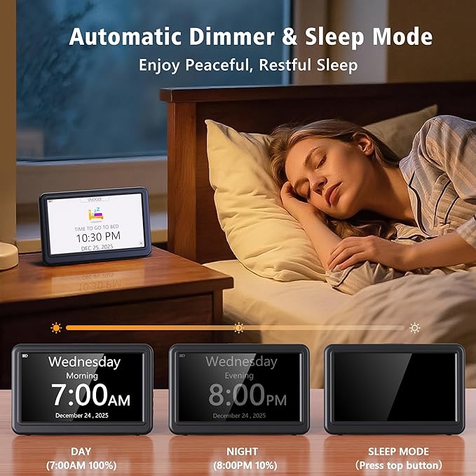 Rechargeable Digital Calendar Alarm Clocks for Senior, 7" Clock with Day and Date for Elderly, 20 Reminders & Alarms, Auto Dimmer/DST, 12 Themes, 18 Ringtones for Dementia Memory Loss, 1024*600 HD
