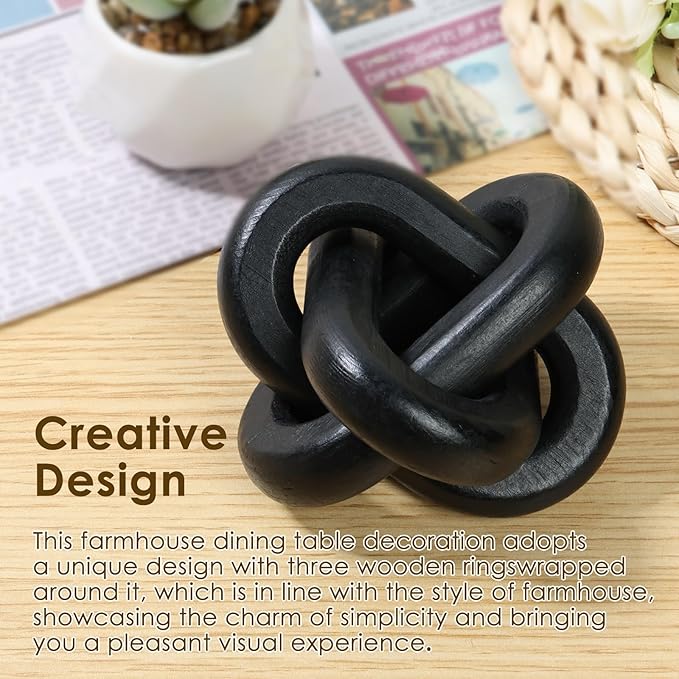 Wood Knot Chain Link Decor 3 Link Boho Wood Knot Decor White/Black Wood Knot Art Decorative Wooden Links Knots Rustic Wood Chain Link Decor for Living Room Bedroom Office Farmhouse Decorations (Black)