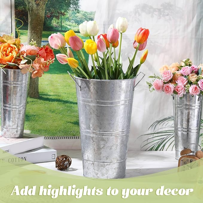 Chumia 8 Pcs Galvanized Flower Buckets Bulk 12.6 Inch and 9 Inch DIY Bouquet Bar Supplies Table Decor Vase Wedding Tall Metal French Cut Planter Rustic Vintage Centerpiece Farmhouse Florist