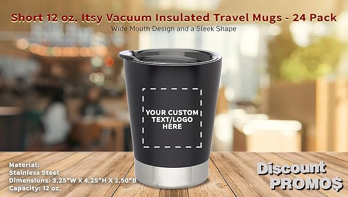 Personalized 12 oz. Itsy Vacuum Insulated Travel Mugs - 24 Pack - Custom Text, Logo - Black