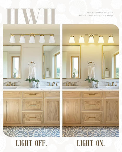 Bathroom Light Fixture, HWH 5-Light Bathroom Vanity Light Brushed Gold Vanity Lighting Over Mirror, Modern Vanity Lights with Frosted White Striped Glass, 5HZG97B-5W BG