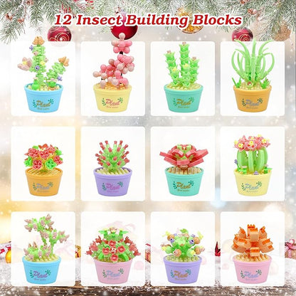 Advent Calendar 2025 Kids, 12 Packs Building Blocks Set, Advent Calendar 2025 Boys for 6+ Years Old, Christmas Gifts for Girls and Boys, Party Favors (Succulent Plant)