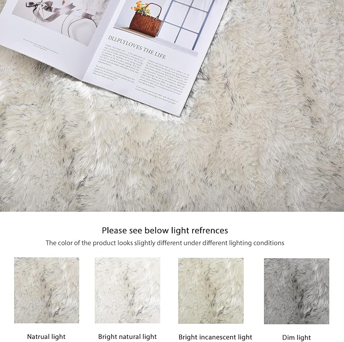 White and Grey Faux Shaggy Fur Rug for Living Room Plush Washable Sheepskin Fur Area Rugs 3x5 Nursery Rug