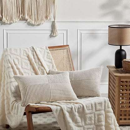 Fancy Homi 2 Packs Neutral Taupe Lumbar Decorative Throw Pillow Covers 16x32 Inch for Living Room Couch Bed Sofa, Farmhouse Home Decor, Soft Striped Corduroy Rectangle Accent Cushion Case 40x80 cm