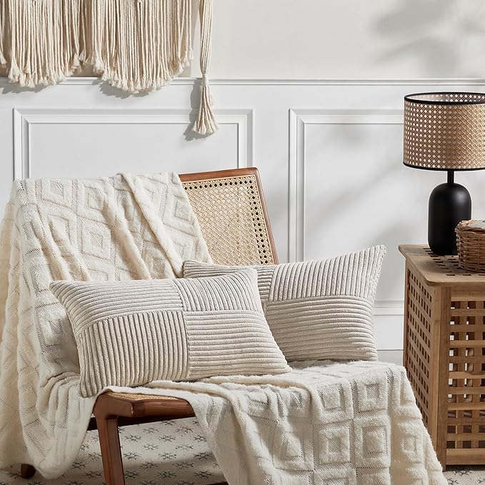 Fancy Homi 2 Packs Neutral Taupe Lumbar Decorative Throw Pillow Covers 14x22 Inch for Living Room Couch Bed Sofa, Farmhouse Home Decor, Soft Striped Corduroy Rectangle Accent Cushion Case 35x55 cm