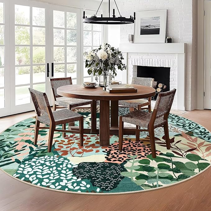 DEXDE Large Round Rug 9ft Washable Circle Area Rugs, Non Slip Low Pile Boho Floral Circular Carpet for Bedroom Bathroom Entryway Kids Room Office Dining Room, Dark Green
