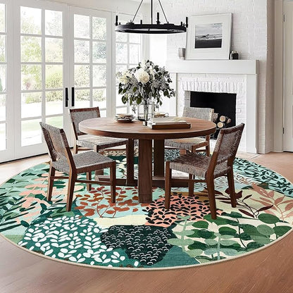 DEXDE Large Round Rug 9ft Washable Circle Area Rugs, Non Slip Low Pile Boho Floral Circular Carpet for Bedroom Bathroom Entryway Kids Room Office Dining Room, Dark Green