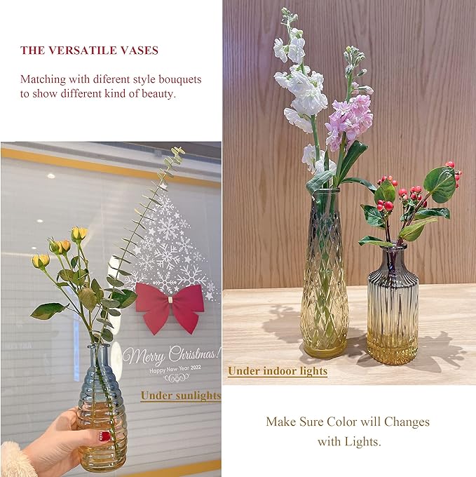FANTESTICRYAN Baroque Bud Glass Vases Set of 4, Retro Gradient Small Vase Single Flower Mini for Centerpiece Décor, Tabletop, Christmas, Wedding, Housewarming (Blue)