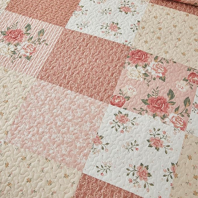 SahSahCasa 128"x120" 100% Cotton Oversized California King Patchwork Bedspread Coverlet Quilt Set, Floral Cal King Quilted Bedspread Extra Large Quilt, XL Bed Spread Lightweight Comforter, Pink/Cream