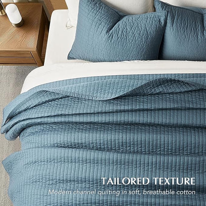 EVERGRACEHOME Cotton Sateen Quilt Set King Size, Pre-Washed Cotton Channel Stitch Coverlet Bedspread, 3 Pieces Lightweight Soft Bedding Sets for All Season, with 2 Pillow Shams, Sonoma Blue