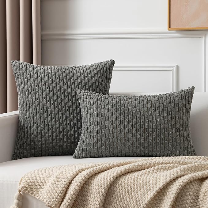 Kevin Textile Throw Pillow Covers 20x20 Decorative Corduroy Farmhouse Cushion Covers Pillowcase for Couch Sofa Bedroom Car Set of 2 Dark Grey