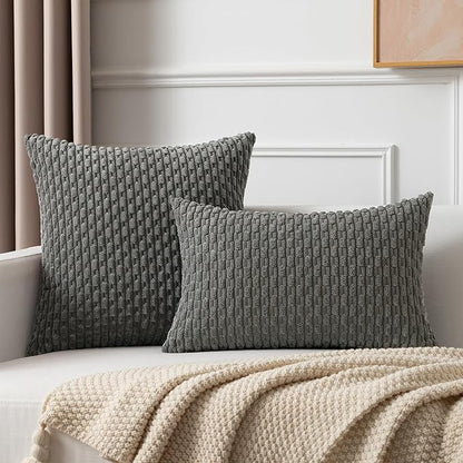 Kevin Textile 2 Packs Dark Grey Decorative Throw Pillow Covers 26x26 Inch for Living Room Couch Bed Sofa Rustic Farmhouse Boho Home Decor Soft Striped Corduroy Square Cushion Case 66x66 cm