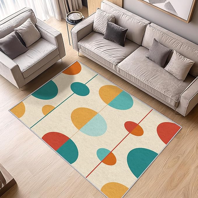 Contemporary Rugs for Living Room - Mid Century Modern Area Rug, 4x7 Rug, Colorful Circle Minimalist Rug & Home Decor, Retro Abstract Carpet & Room Decor, Washable Non Slip Anti Skid Rugs
