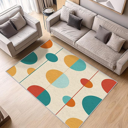 Contemporary Rugs for Living Room - Mid Century Modern Area Rug, 4x7 Rug, Colorful Circle Minimalist Rug & Home Decor, Retro Abstract Carpet & Room Decor, Washable Non Slip Anti Skid Rugs