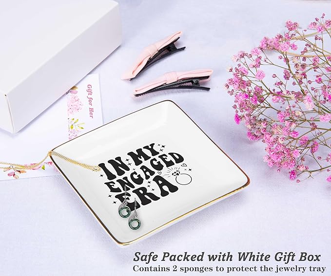 NZY Engagement Gift for Newly Engaged Bride,woman,Bridal Shower Gifts,Bachelorette Present for Bride,Best Friend,Fiance,Future Mrs,Ceramic Jewelry Tray Trinket Holder Ring Dish-In My Engaged Era