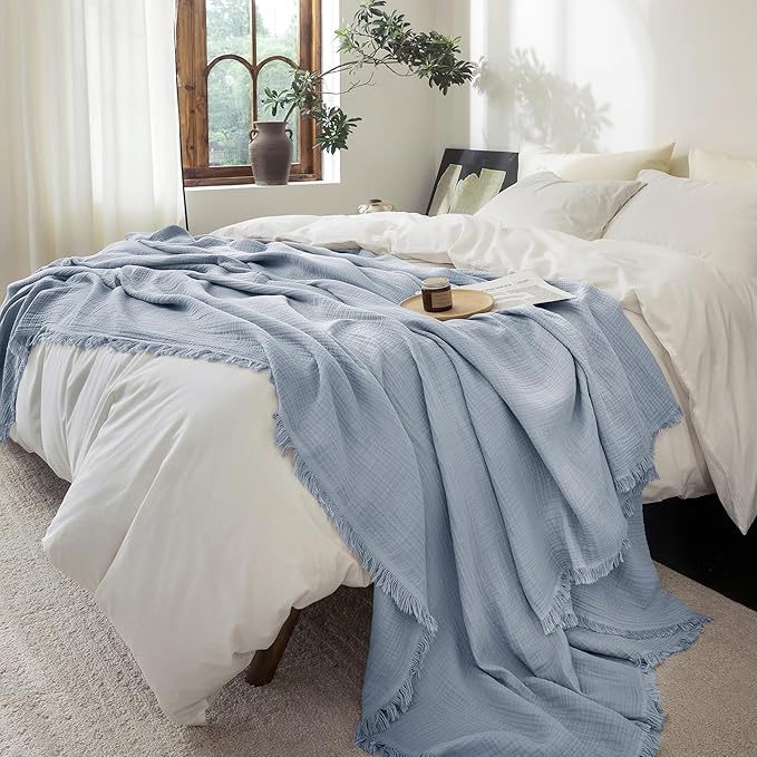 FOSSA Muslin Blanket with Fringe - 4-Layer 100% Cotton Gauze Super Soft & Breathable Throw -Lightweight Decorative Cooling Blanket for Bed, Sofa, Office (Cornflower Blue, King (104" × 90"))