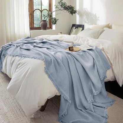 FOSSA Muslin Blanket with Fringe - 4-Layer 100% Cotton Gauze Super Soft & Breathable Throw -Lightweight Decorative Cooling Blanket for Bed, Sofa, Office (Cornflower Blue, Twin XL (66" × 90"))