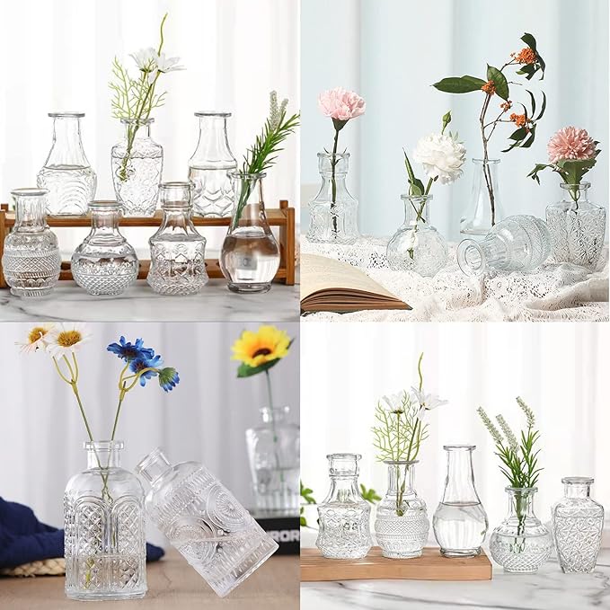 Glass Bud Vase Set of 48 Bud Vases in Bulk with 4 Brushes, Glass Vases for Centerpieces Cute, Vintage Wedding Decor Clear Bulk Mini Vase for Rustic Wedding Decorations, Home Table Flower Decor