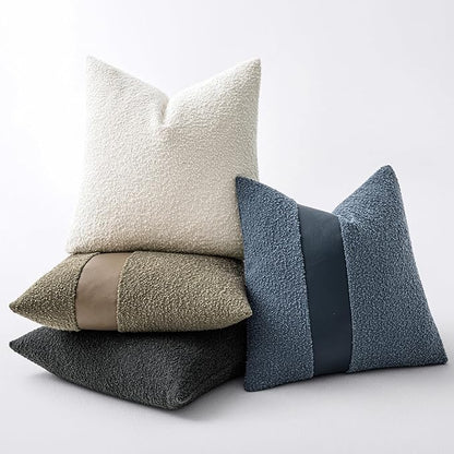 18"x18" Denim Blue Boucle Throw Pillow Covers with Faux Leather Accents Set of 2 Fluffy Textured Decorative Pillow Cases for Couch Bed Boho Farmhouse Square Cushion Covers for Nordic Home