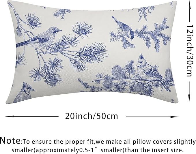 White Blue Bird Pillow Covers 12x20 Set of 2 Decorations Chinoiserie Vintage Throw Pillow Covers Decor Rustic Pillowcases Oriental Pattern Farmhouse Cozy Soft for Sofa Bed Chair Home Decorative