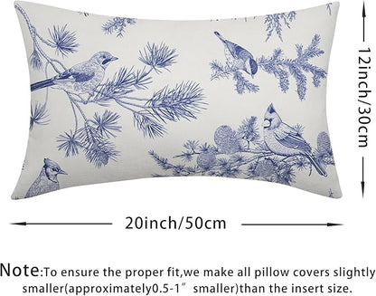 White Blue Bird Pillow Covers 12x20 Set of 2 Decorations Chinoiserie Vintage Throw Pillow Covers Decor Rustic Pillowcases Oriental Pattern Farmhouse Cozy Soft for Sofa Bed Chair Home Decorative