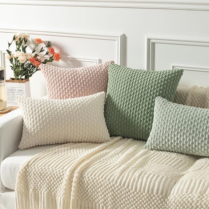 Kevin Textile Pack of 2 Corduroy Decorative Throw Pillow Covers 16x16 Inch Spring Soft Boho Striped Pillow Covers Modern Farmhouse Home Decor for Spring Sofa Living Room Couch Bed Light Green
