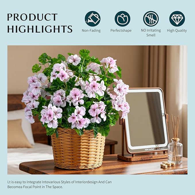 Artificial Flowers for Outdoors Artificial Geraniums for Indoor Fake Flowers 17.7In Uv Resistant Artificial Outdoor Flowers for Indoor Home Decor Outdoor Garden Decoration 8PCS,Pinkish White