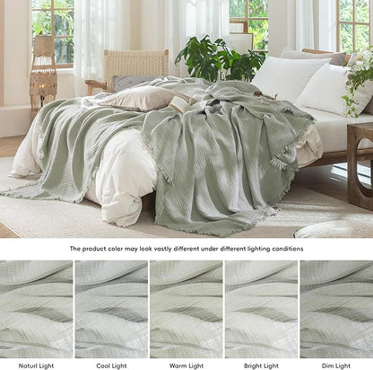 MooMee Muslin Blanket - 100% Cotton 4-Layer Gauze Throw Blanket with Tassels Ultra-Soft Breathable Lightweight Cooling for Bed Couch (Sage Green, Queen 90" x 90")