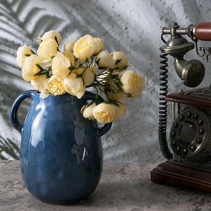 Blue Ceramic Vase with 2 Handles, Modern Farmhouse Vases for Home Decor, Rustic Pottery Vase, Decorative Terracotta Vases for Pampas Grass, Clay Jug for Living Room Dining Table Shelves