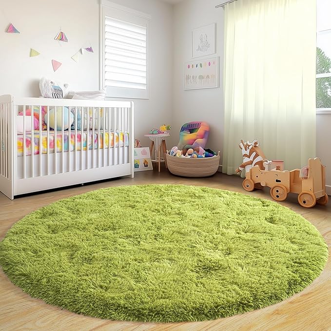 Round Fluffy for Bedroom Rugs, 5Ft Green Shag Circle Rug Non-Slip for Kids Girls Boys Bedroom Dorm Nursery Playroom, Soft Cute Area Rugs for Living Room Decor
