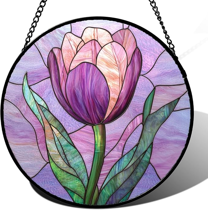 DASTOLL Stained Glass Window Hanging Purple Tulips Flower 7.8" - Suncatcher Door Garden Sun Catcher Home Decor Birthday Mother's Day for Mom Men Woman Parents Her Nana Friend
