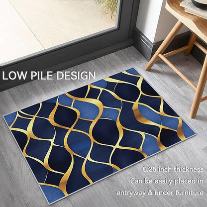 Contemporary Rugs for Bedroom - Abstract Geometric Rug, 5x8 Rug, Navy Blue Gold Area Rug & Room Decor, Modern Carpet & Home Decor, Washable Non Slip Anti Skid Rugs