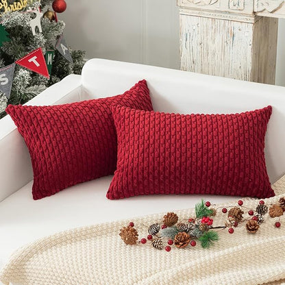 Kevin Textile 12x20 Inch Pillow Cover 1 Pack Boho Christmas Decorative Soft Striped Corduroy Lumbar Farmhouse Color Accent Rectangle Cushion Case for Living Room Couch Sofa Bed, Burgundy