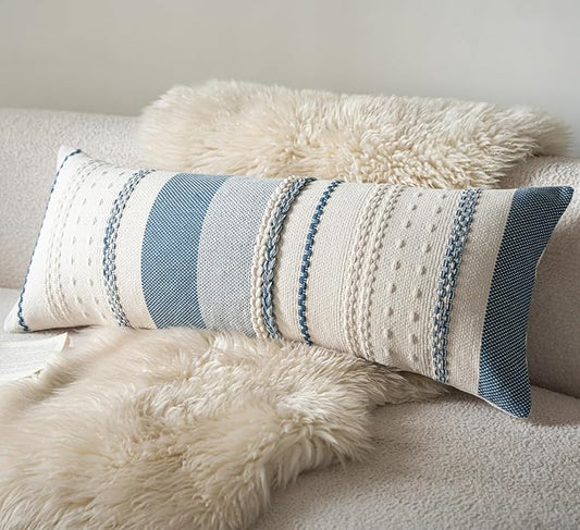 Boho Lumbar Pillow Covers 14x36 Inch Long, Blue Textured Decorative Couch Pillow Cases for Farmhouse Home Decor, Accent Cushion Cover for Sofa, Bed, Living Room, Bedroom, Pack of 1