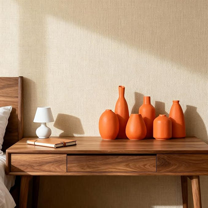 Orange Ceramic Bud Vases Set of 6, Modern Boho Home Décor for Living Room, Shelf, Mantle & Fireplace, 3.7″–7.6″ Matte Minimalist Vases for Kitchen, Bathroom, Office, Small Flower Vases, Gift Ready