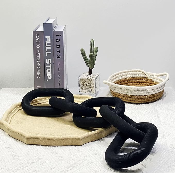 Wood Chain Link Decor - 18.9 Inches Length Aesthetic Room Decor, 5-Link Wood Chain Boho Decor for Living Room, Farmhouse Decor, Coffee Table (Black)